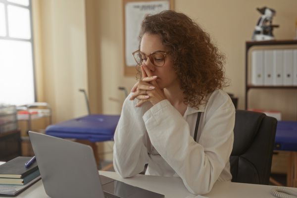 A healthcare professional in a white coat sits at a desk, hands clasped thoughtfully near her face, looking at a laptop in a quiet medical office.