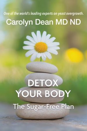 Detox Your Body The Sugar-Free Plan Book cover featuring a white daisy resting on a stack of smooth stones against a soft green, nature-inspired background. Text reads: “Carolyn Dean MD ND – One of the world’s leading experts on yeast overgrowth. Detox Your Body: The Sugar-Free Plan.”
