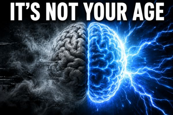 Split-screen image of a human brain against a dark background. The left half is dull gray and surrounded by thick swirling fog, smoke, and static-like distortion, symbolizing brain fog and mental fatigue. The right half glows bright blue and white with sharp details and lightning-like energy radiating outward, representing mental clarity and focus. Large bold white text across the top reads, "IT'S NOT YOUR AGE." The image uses dramatic lighting, high contrast, and a photorealistic 3D render style designed for a YouTube thumbnail.