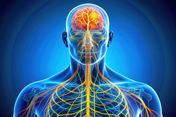 Illustration of the human nervous system highlighting the brain, spinal cord, and branching nerves throughout the upper body, glowing in bright yellow and orange against a blue background.
