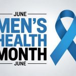 Graphic promoting Men's Health Month in June, featuring bold blue and black text reading "June Men's Health Month" alongside a blue awareness ribbon. The design highlights men's health awareness, prevention, wellness, and the importance of encouraging men to prioritize their physical and mental well-being.