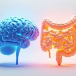 A clean 3D illustration of a blue human brain and a glowing orange digestive tract displayed side by side against a soft white background. The brain is rendered in cool blue tones, while the intestines and colon are highlighted with warm orange and yellow lighting, visually representing the connection between brain health and gut health.