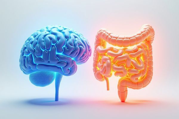 A clean 3D illustration of a blue human brain and a glowing orange digestive tract displayed side by side against a soft white background. The brain is rendered in cool blue tones, while the intestines and colon are highlighted with warm orange and yellow lighting, visually representing the connection between brain health and gut health.
